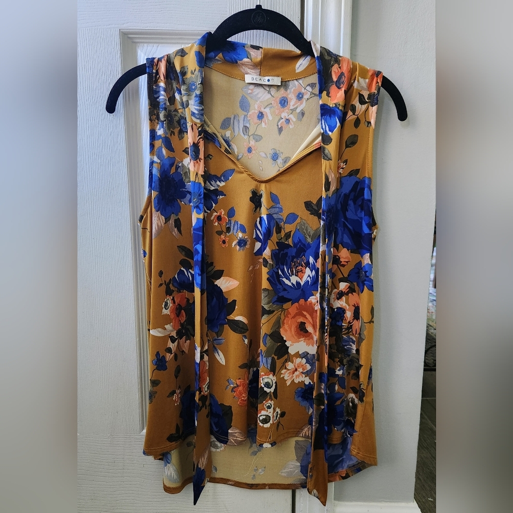 Beacon Floral Sleeveless V-Neck Top in Mustard Gold/Yellow W Blue Floral Print